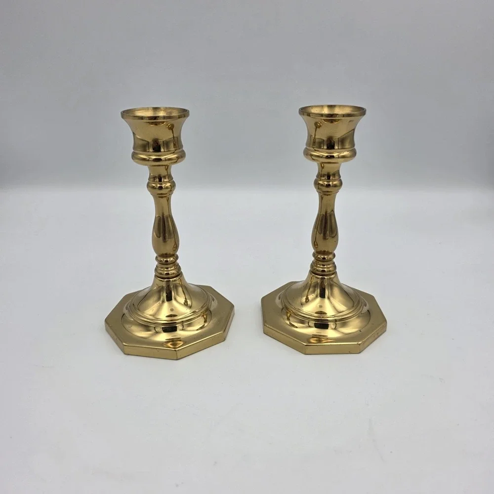 Vintage Octagon Base Pair Of Candlesticks  Polished Brass 5